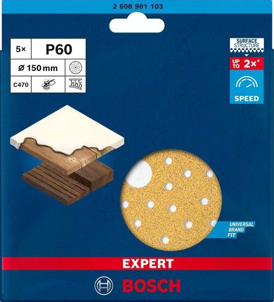 Bosch Professional Expert C470 Schleifpapier Mehrloch für Exzenterschleifer, 150 mm, G 60, 5-tlg. (2608901103)
