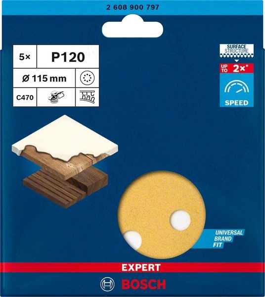 Bosch Professional Expert C470 Schleifpapier mit 8 Löchern für Exzenterschleifer, 115 mm, G 120, 5-tlg. (2608900797)