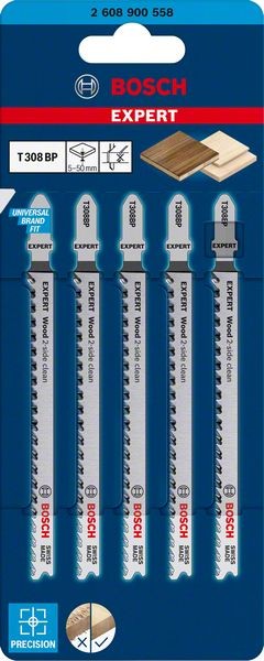 Bosch Professional Expert ‘Wood 2-side clean’ T 308 BP Stichsägeblatt, 5 Stück (2608900558)