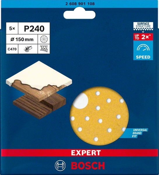 Bosch Professional Expert C470 Schleifpapier Mehrloch für Exzenterschleifer, 150 mm, G 240, 5-tlg. (2608901108)