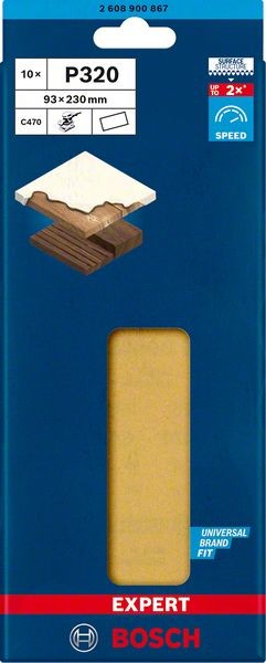 Bosch Professional Expert C470 Schleifpapier ohne Löcher für Schwingschleifer, 93 x 230 mm, G 320, 10-tlg. (2608900867)