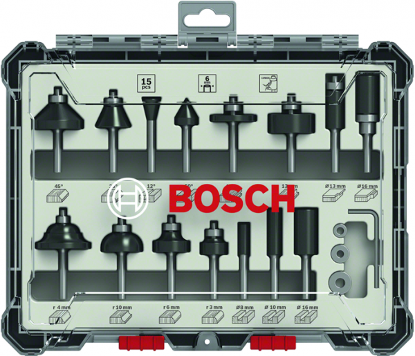Bosch Professional 15 tlg Mixed Fräser Set 6mm Schaft (2607017471)