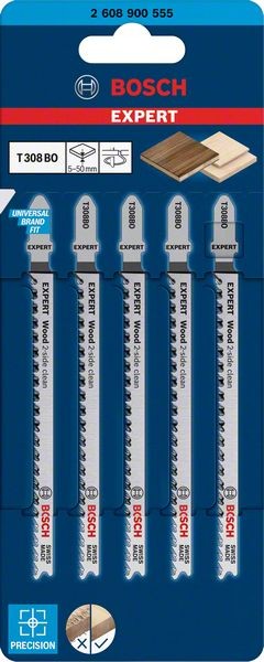 Bosch Professional Expert ‘Wood 2-side clean’ T 308 BO Stichsägeblatt, 5 Stück (2608900555)
